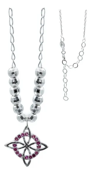 Collar Plata 925 Nudo de Bruja Bolita Diamantada Zirconia Fucsia - Imagen 1