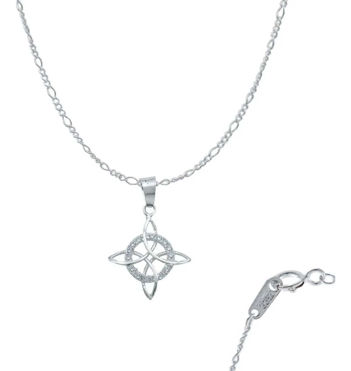 Collar Plata .925 Nudo Bruja Celta con Zirconia brillante, diseño amuleto de protección. Colgante plata esotérica para mujer,