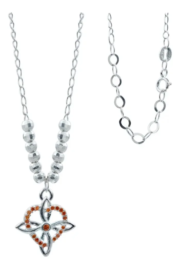 Collar Plata .925 Nudo de Bruja con Corazón y Zirconia Naranja. Joyería de empoderamiento femenino, amuleto ancestral.