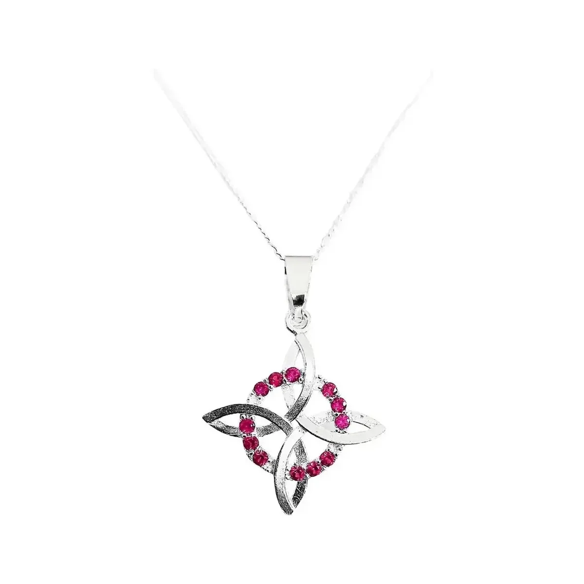 Collar Plata .925 Nudo de Bruja con Zirconia Rosa, diseño místico de protección. Joyería artesanal mexicana con piedra rosa.