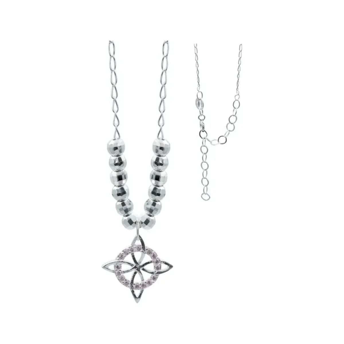 Collar Nudo de Bruja Plata .925 con Zirconia Rosa, joya esotérica y amuleto de protección. Diseño wicca artesanal hecho en Mé