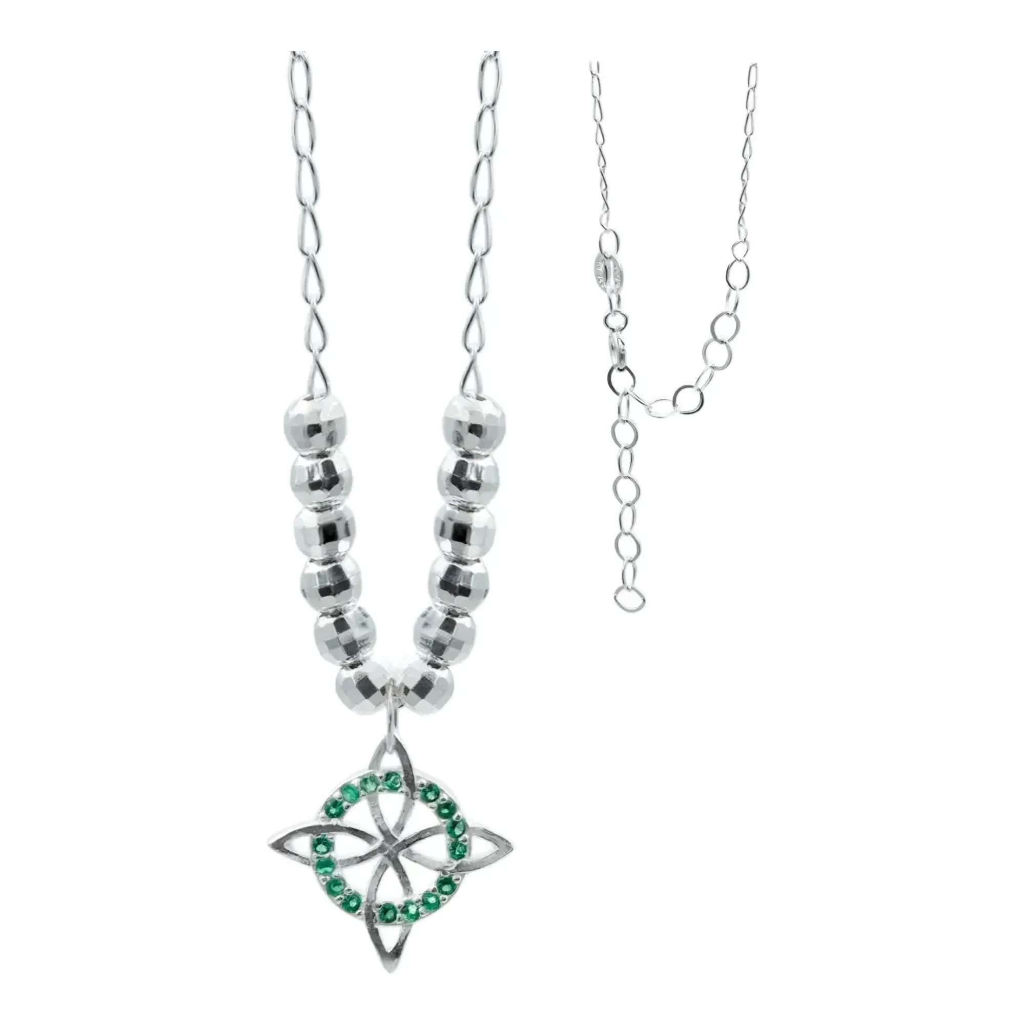 Collar dije nudo de bruja en plata .925 con piedra zirconia verde diamantada y cadena semilla de melón amuleto de protección