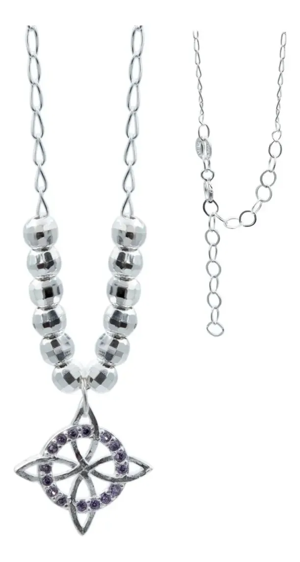Collar largo Plata .925 Nudo de Bruja con Zirconia Violeta vibrante y cadena bolita. Joyería esotérica artesanal mexicana, ta