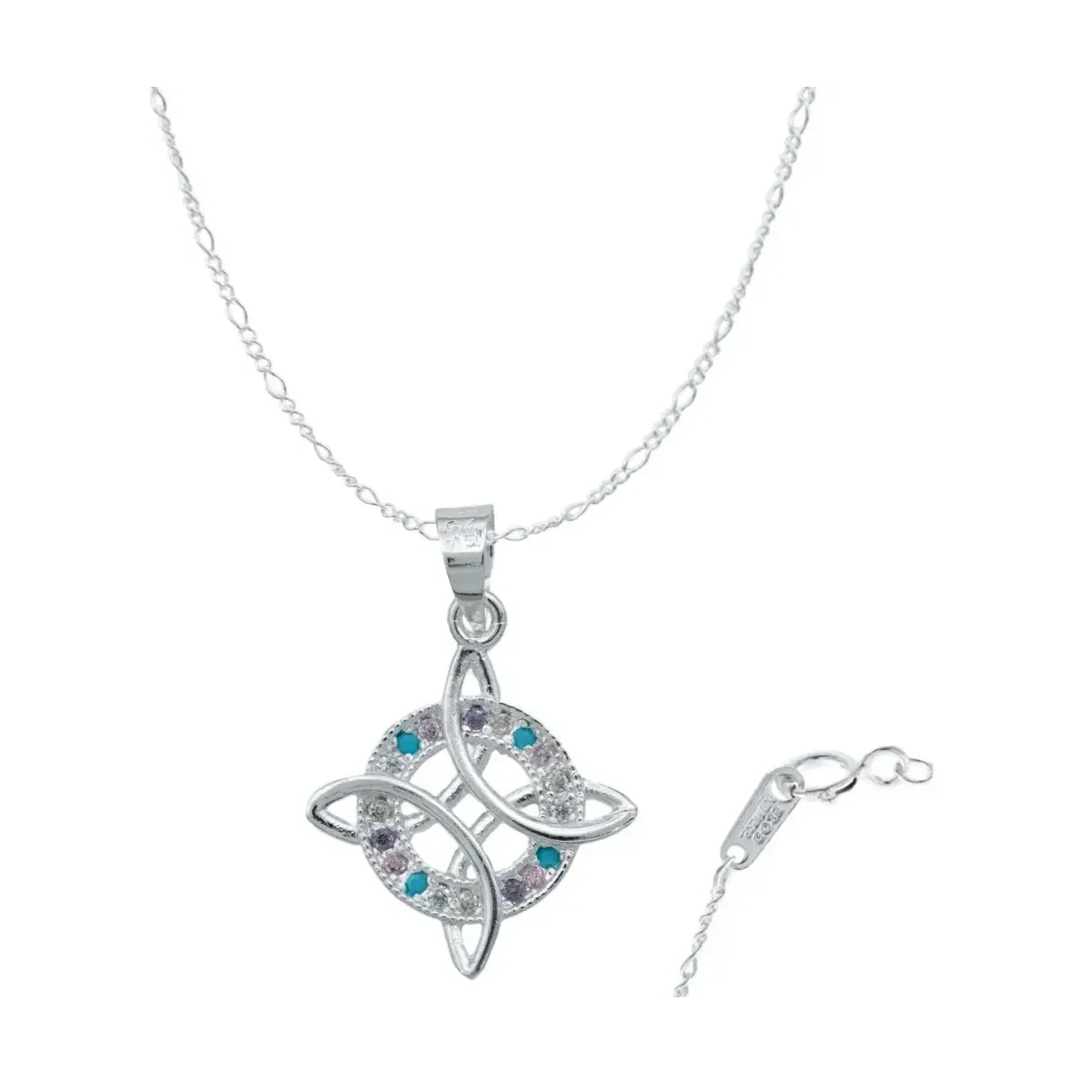 Collar Plata .925 Nudo de Bruja con zirconias multicolor, diseño místico. Joyería sostenible con cadena Figaro, amuleto de pr