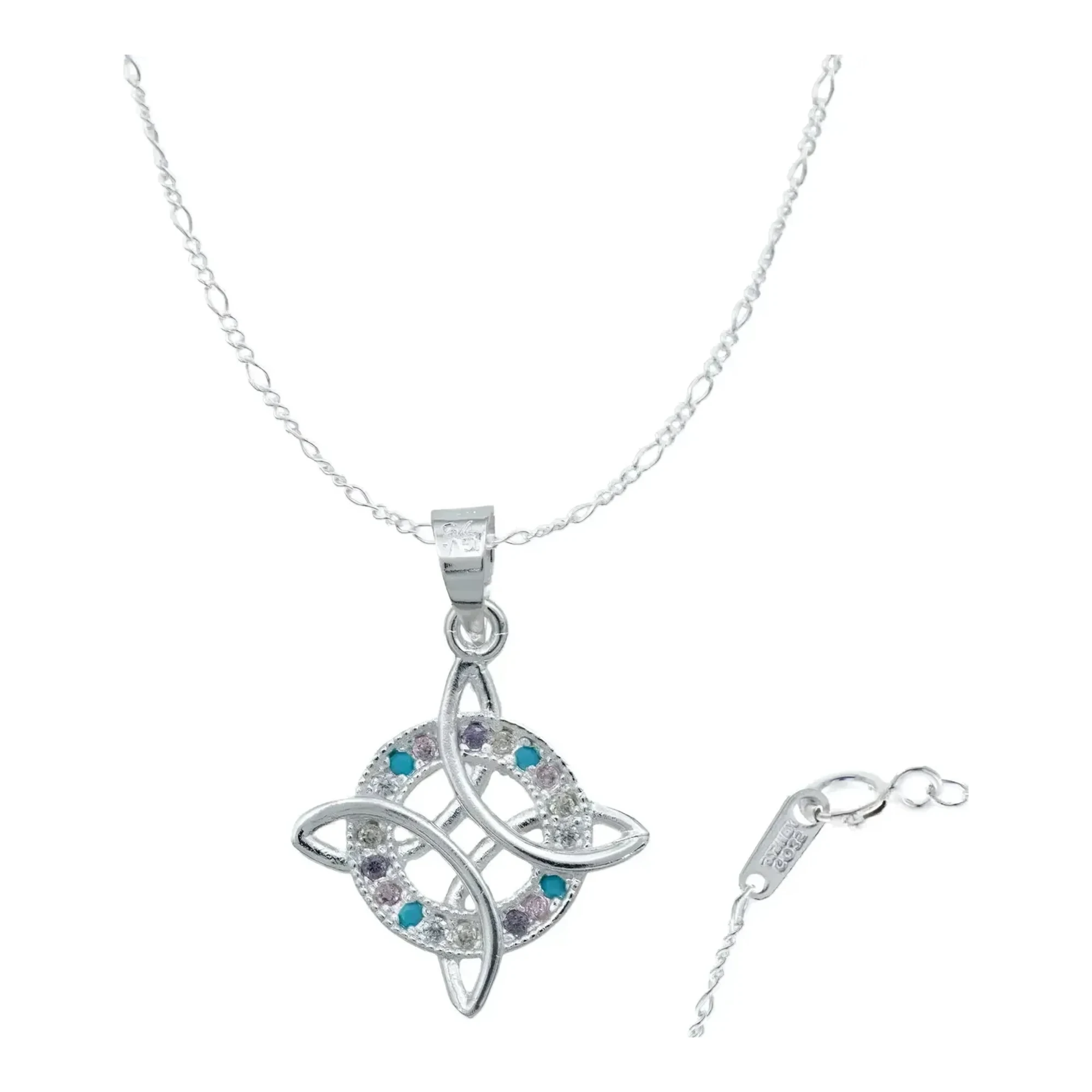 Dije nudo de brujas en plata .925 con zirconias multicolor brillantes y cadena figaro amuleto contra malas vibras colgante