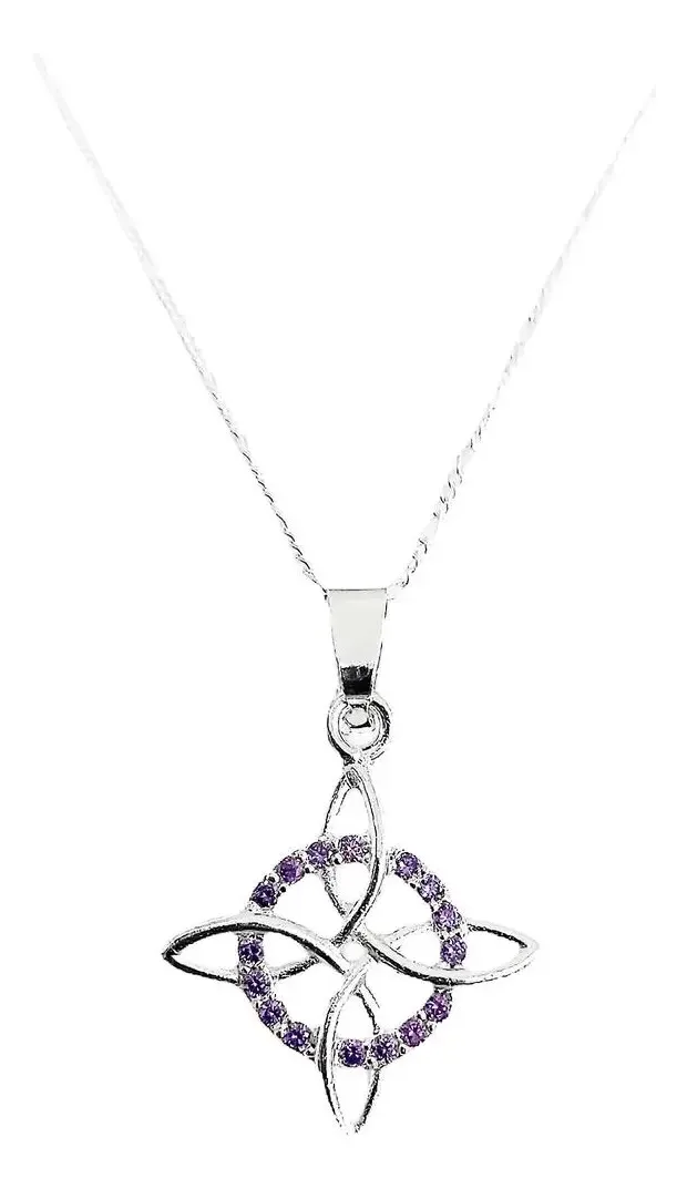 Collar de plata con nudo de bruja y zirconias violeta, dije de plata .925, amuleto de protección mujer, joyería espiritual.