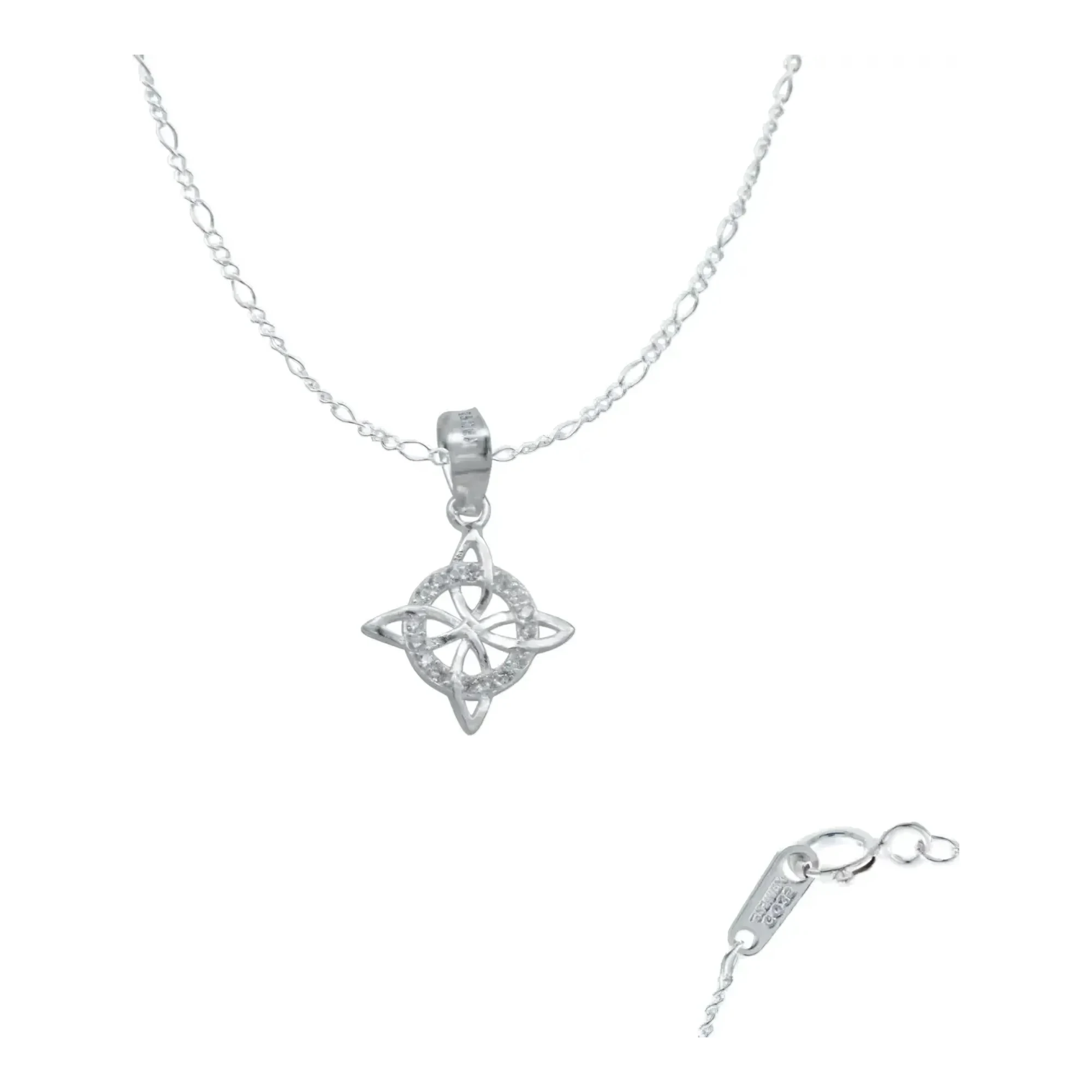 Collar nudo de bruja mini plano plata .925 con zirconia incrustada brillante dije de protección y cadena figaro mexicana