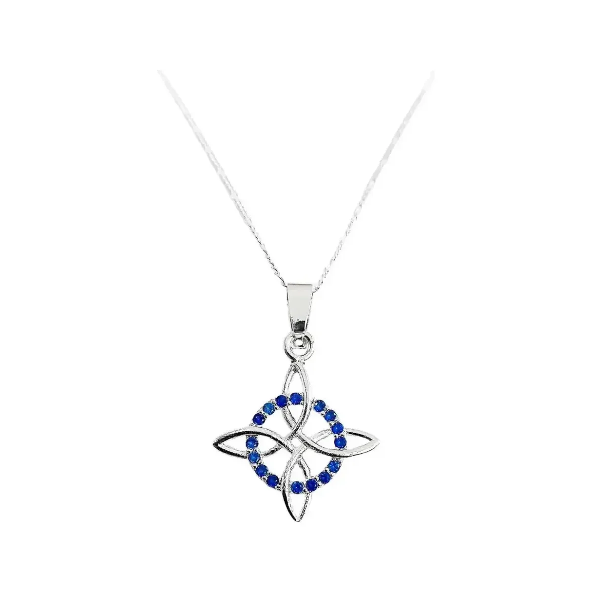 Collar Plata .925 Nacional con Dije Nudo de Bruja Zirconia Azul, joyería esotérica artesanal mexicana. Talismán de protección