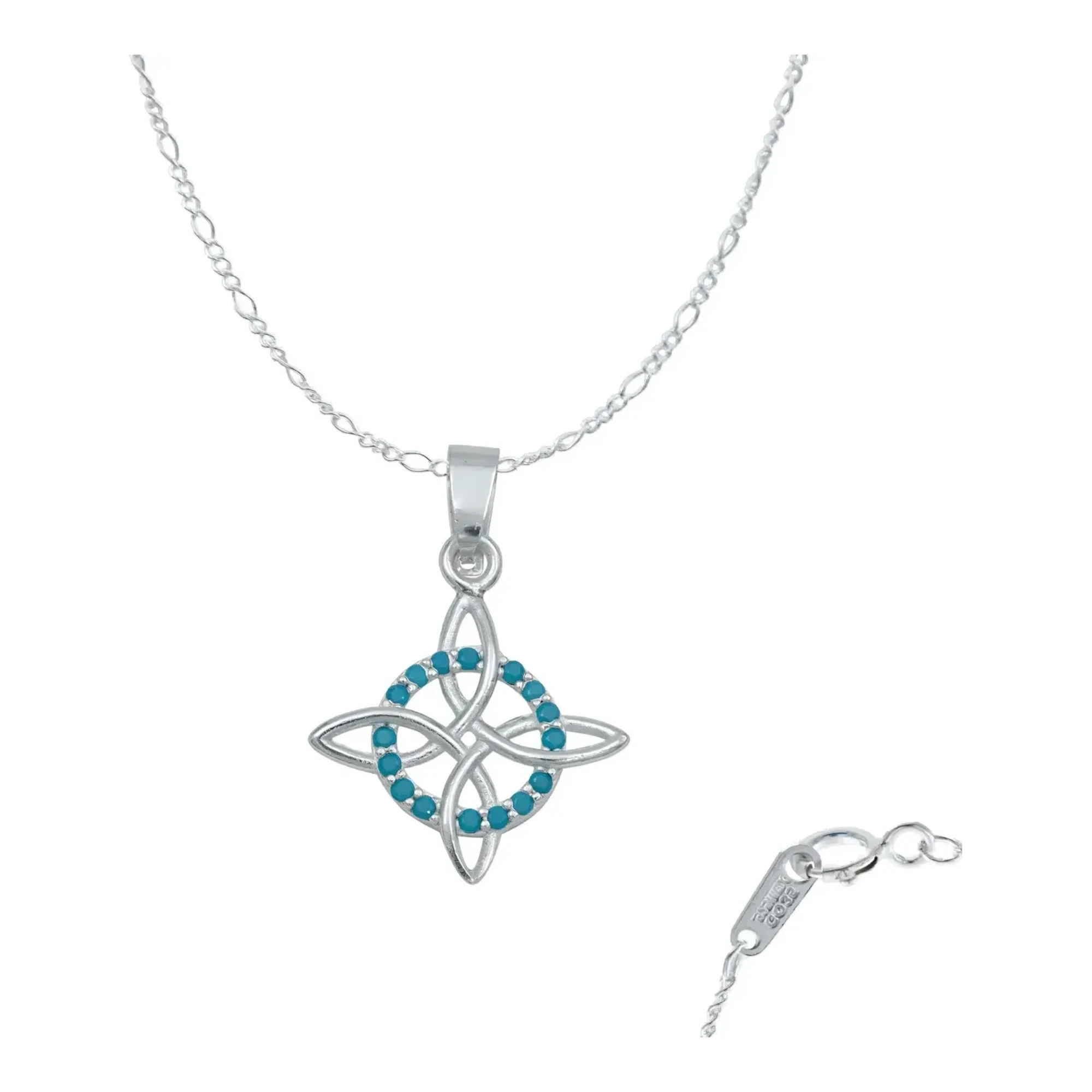 Dije nudo de bruja celta en auténtica plata mexicana ley .925 con brillante zirconia turquesa central y cadena Figaro