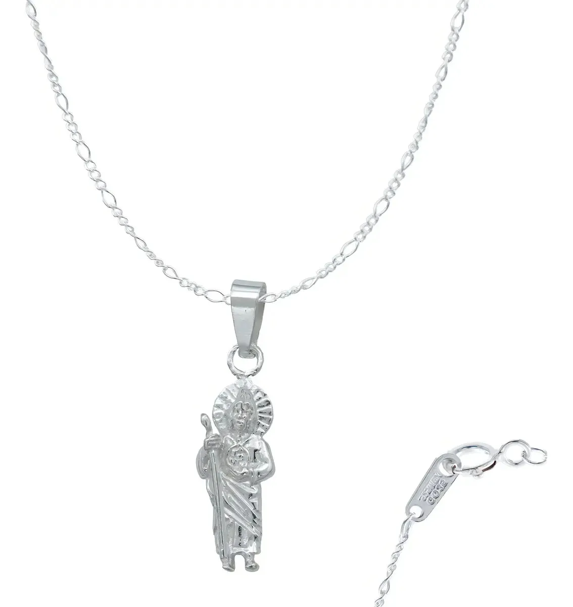 Collar San Judas Tadeo liso plata .925, brillo plateado. Joyería de fe hipoalergénica, diseño clásico con cadena tradicional