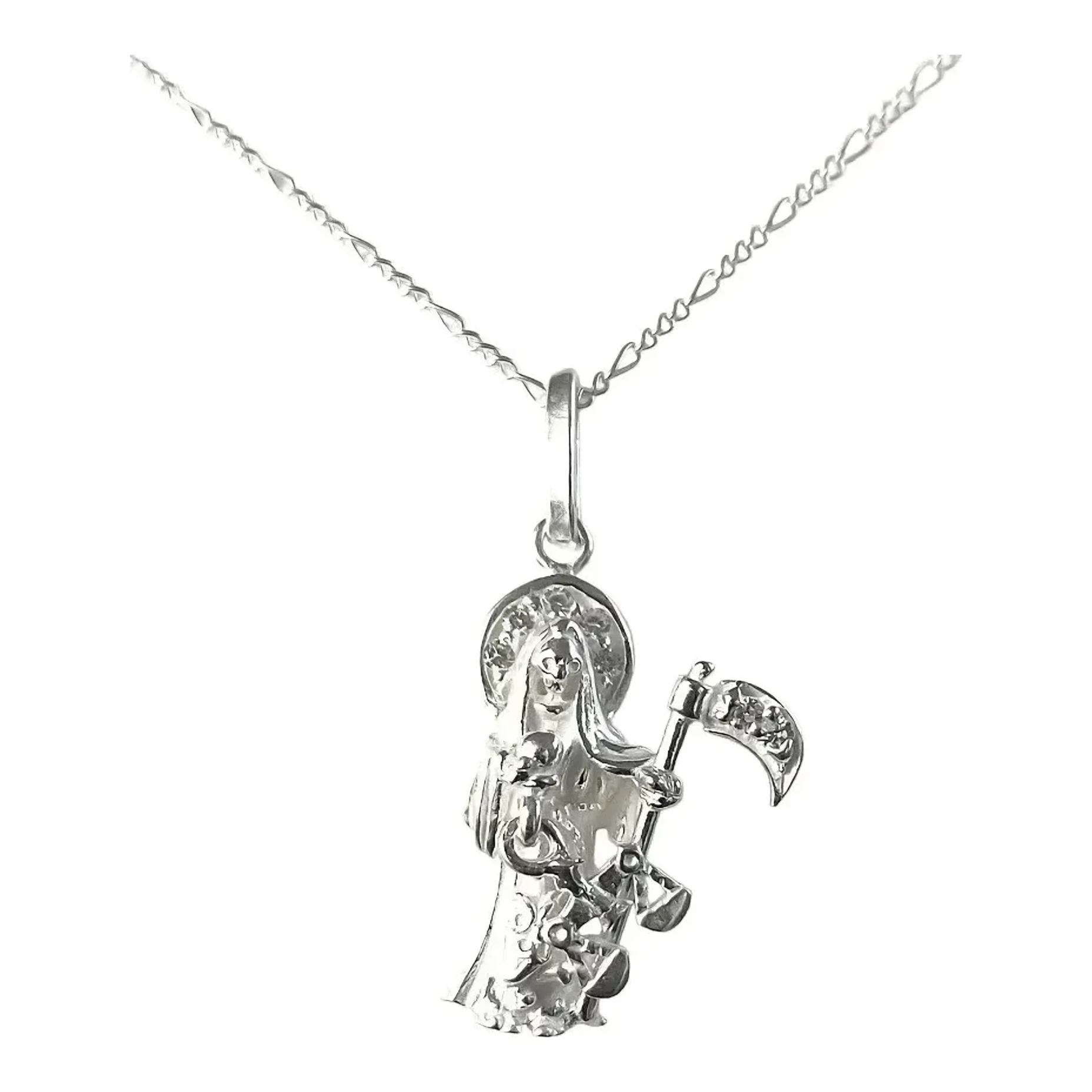 Dije Santa Muerte plata 925 con zirconia brillante y cadena figaro 3x1 plateada de 50 cm amuleto religioso para protección