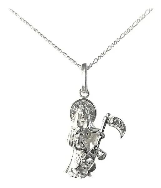 Collar Plata 925 Santa Muerte con Zirconia y Cadena Figaro - Imagen 1