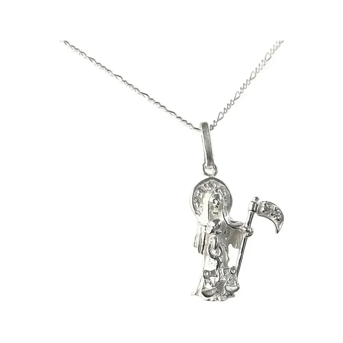 Collar Plata 925 Santa Muerte con Zirconia y Cadena Figaro - Imagen 4