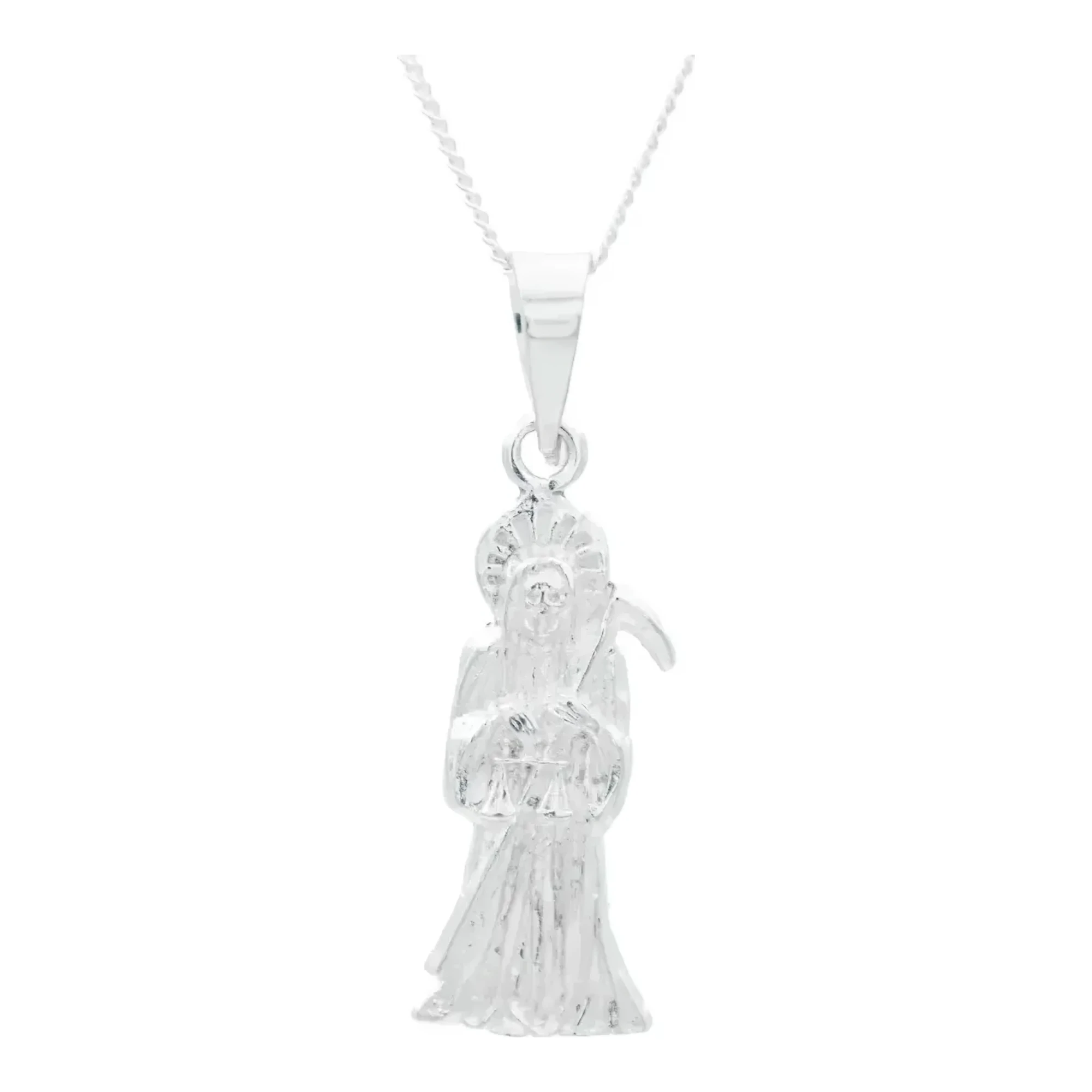 Dije de la santa muerte con cadena barbada en plata ley 925 nacional troquelada brillante para hombre de 37 mm por 12 mm