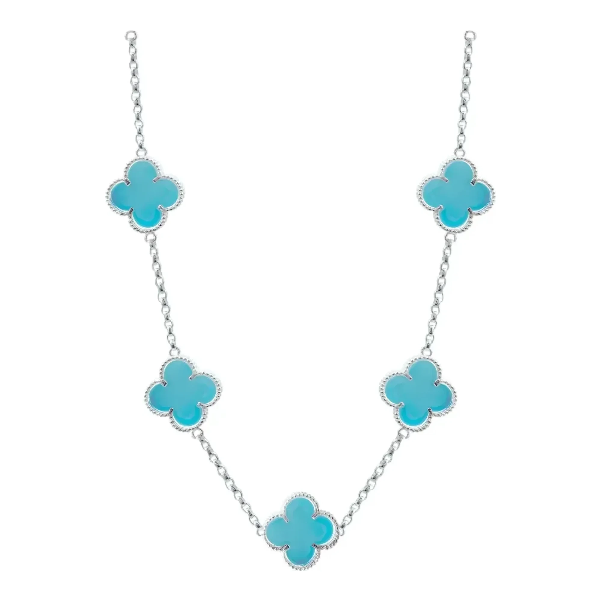 Collar trebol cuatro hojas plata .925 dije 15mm esmaltado celeste amuleto buena suerte cadena tejido rolo 65cm broche perico