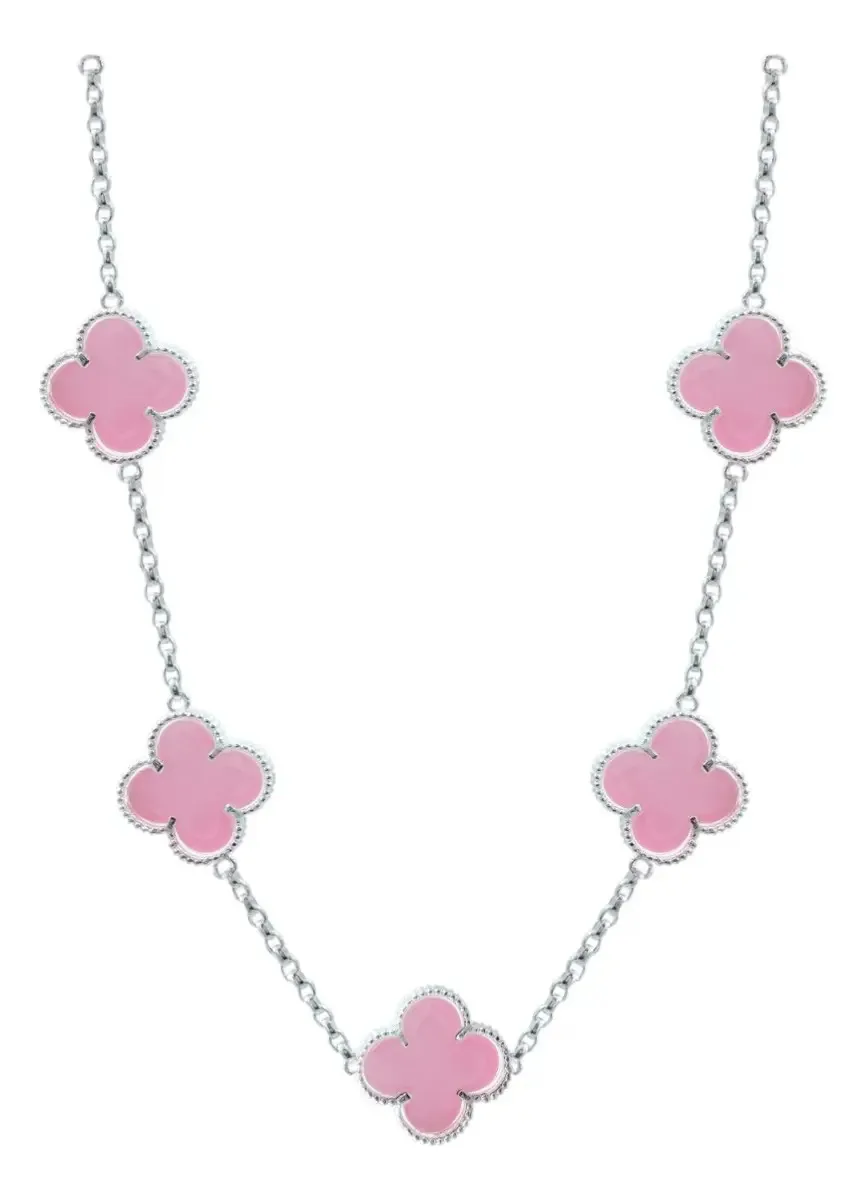 Collar Plata 925 Trébol Rosa Esmaltado, diseño Corridos. Joyería mexicana contemporánea, maxi accesorio de plata para mujer.