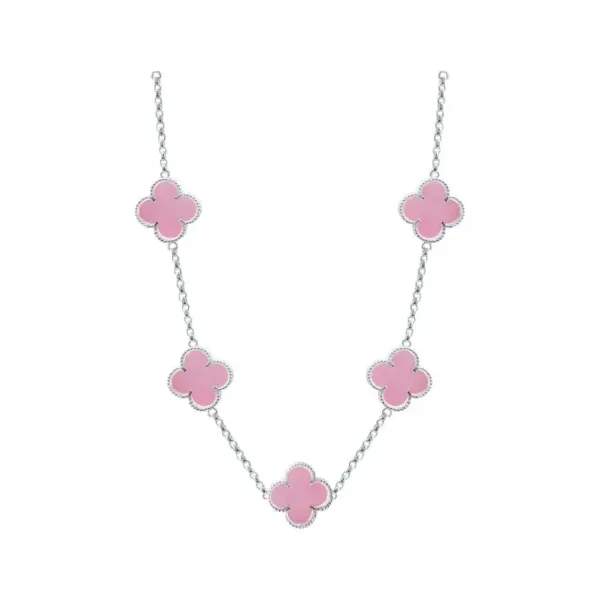 Collar Plata 925 Trébol Rosa Esmaltado Diseño Corridos 65cm - Imagen 1