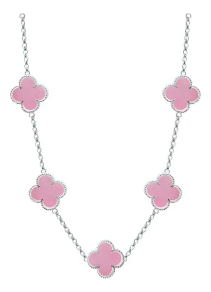 Collar Plata 925 Trébol Rosa Esmaltado Diseño Corridos 65cm - Imagen 1