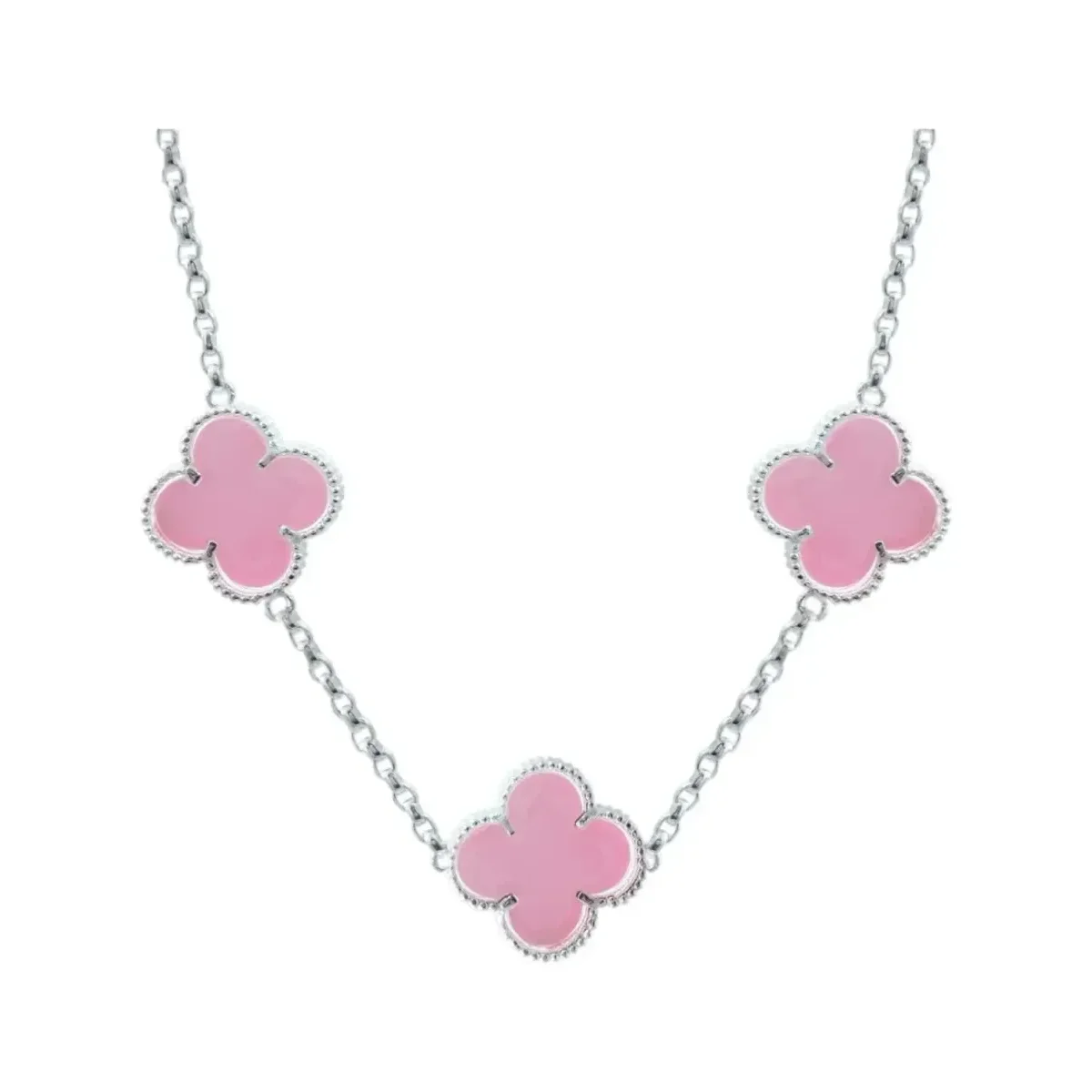 Collar Plata 925 Trébol Rosa Esmaltado Diseño Corridos 65cm - Imagen 2