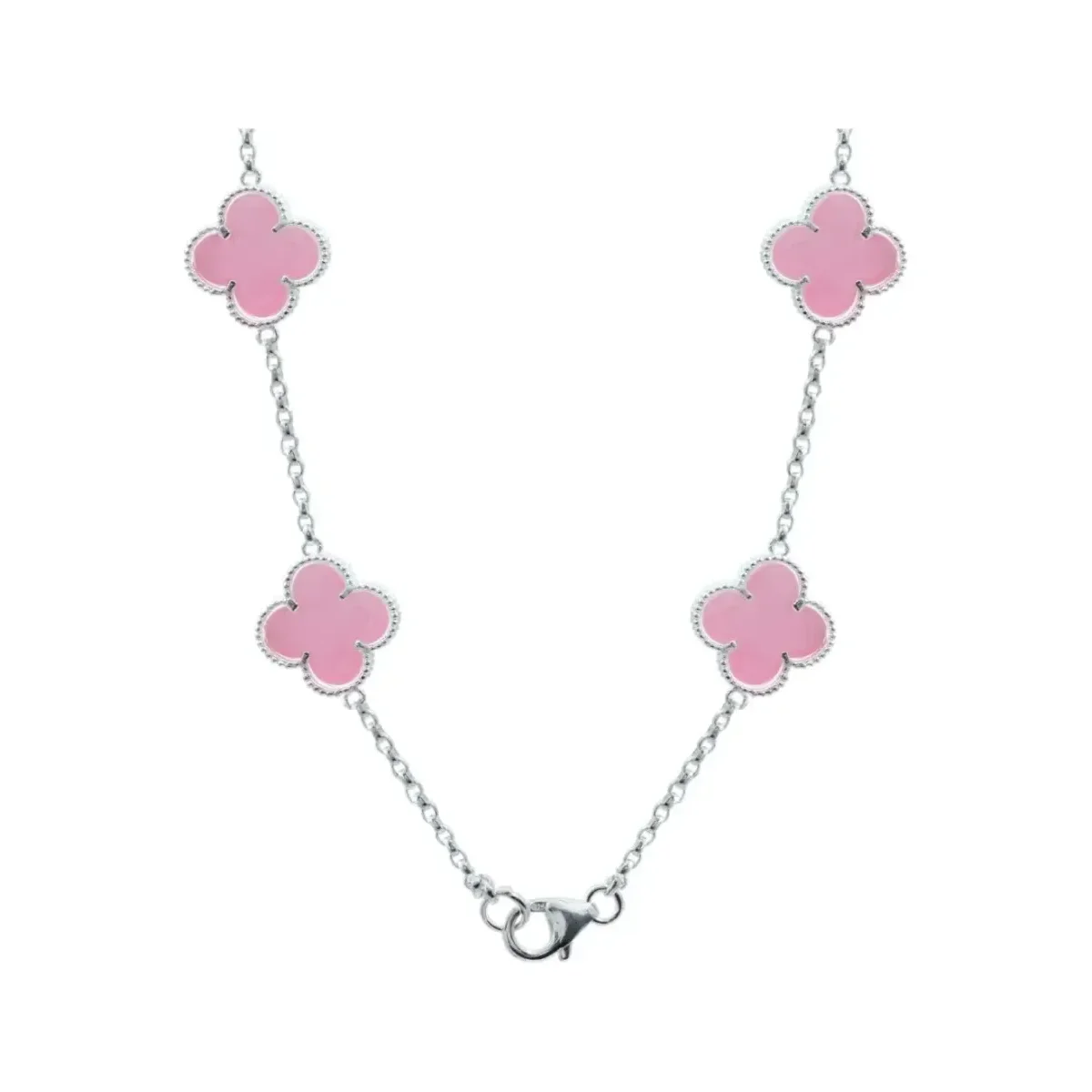 Collar Plata 925 Trébol Rosa Esmaltado Diseño Corridos 65cm - Imagen 4