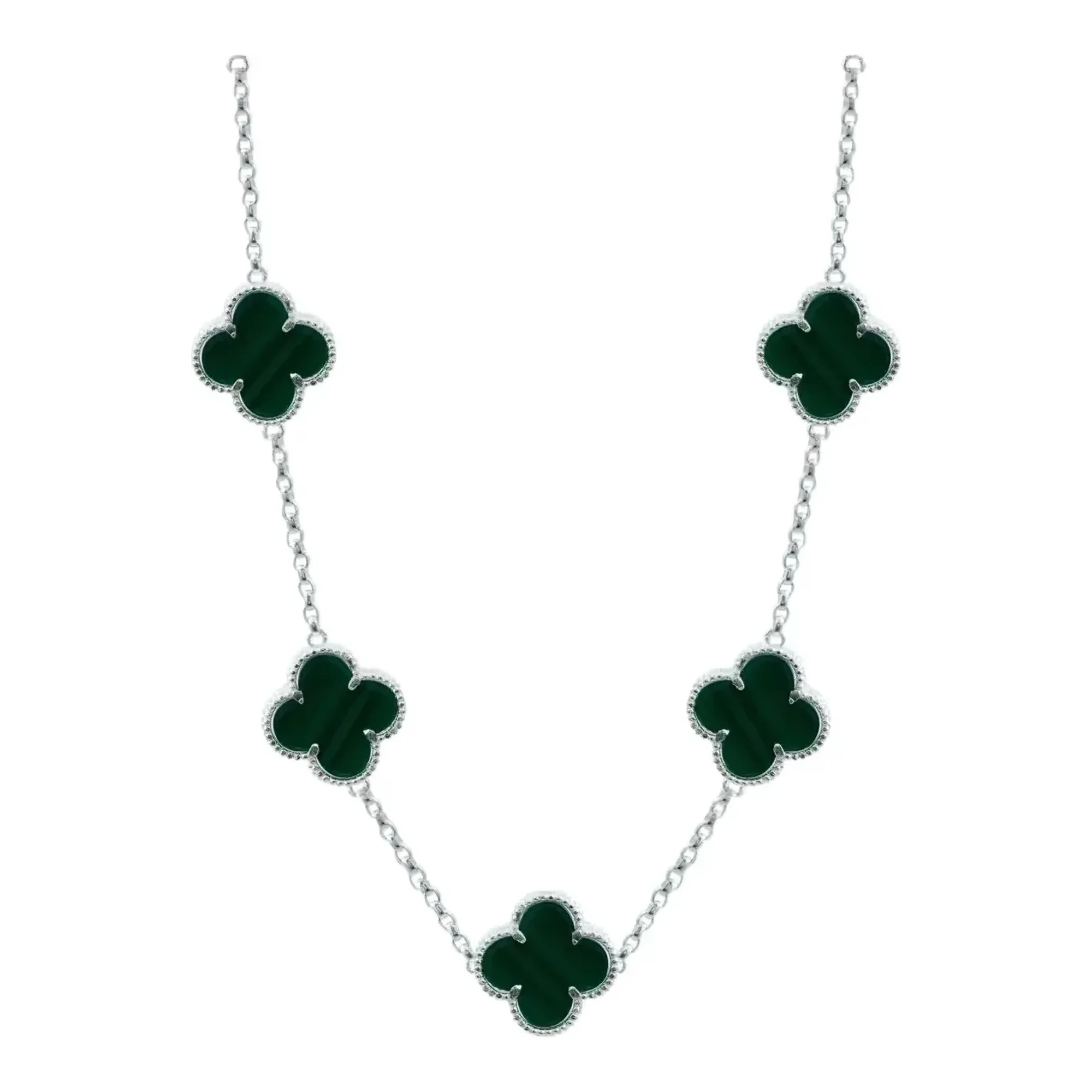 Collar Plata 925 con tréboles verdes esmaltados, diseño moderno y joyería chunky de plata, ideal para collares largos de 65cm