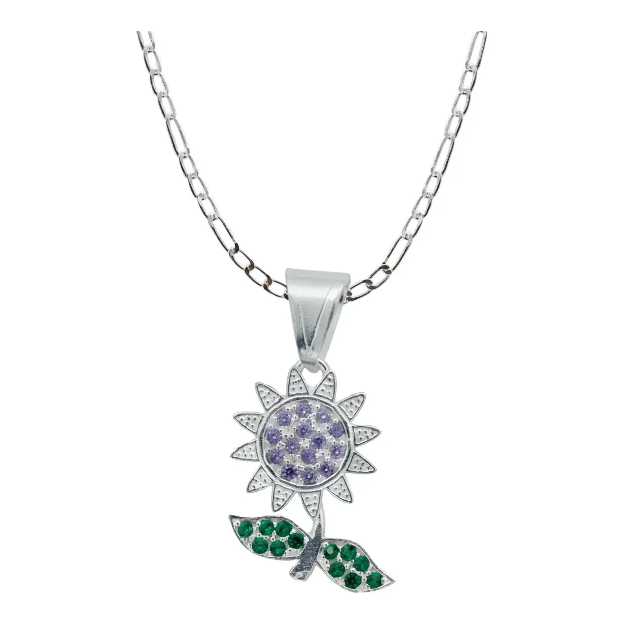 Collar dije flor plata ley 925 con zirconia morada violeta, cadena Figaro y broche bandola para mujer, joyería mexicana.