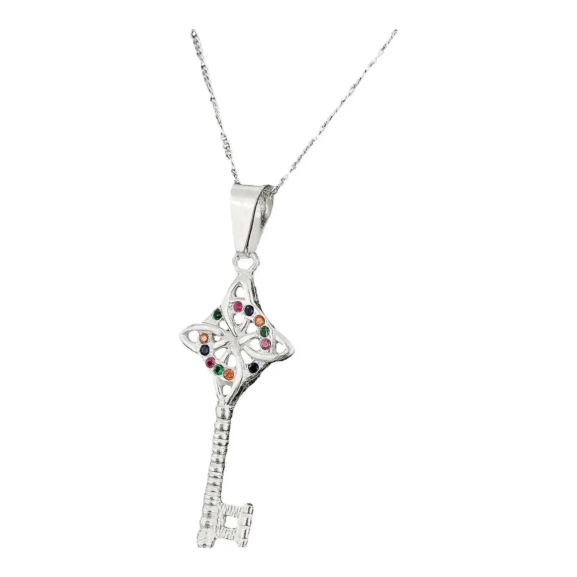Collar nudo de bruja proteccion en dije de llave plata .925 con zirconias multicolor brillantes y cadena figaro nacional