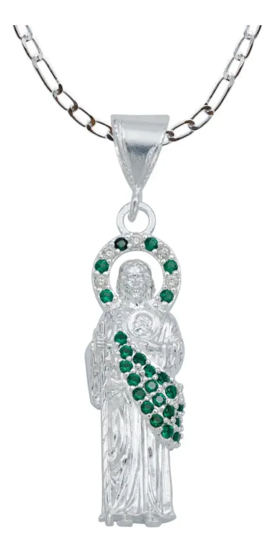 Collar hombre plata .925, dije medallón San Judas Tadeo con zirconia verde. Joyería católica mexicana artesanal de protección