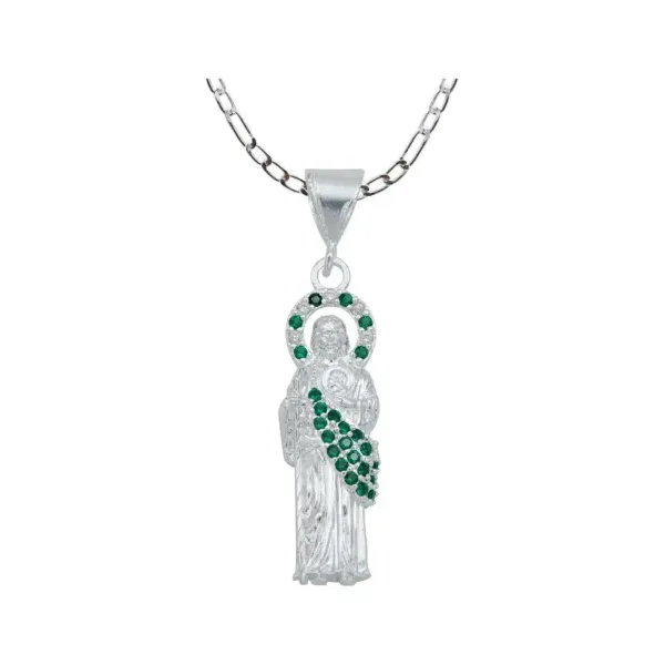 Collar Plata Ley .925 Medalla San Judas Tadeo Zirconia Verde - Imagen 1