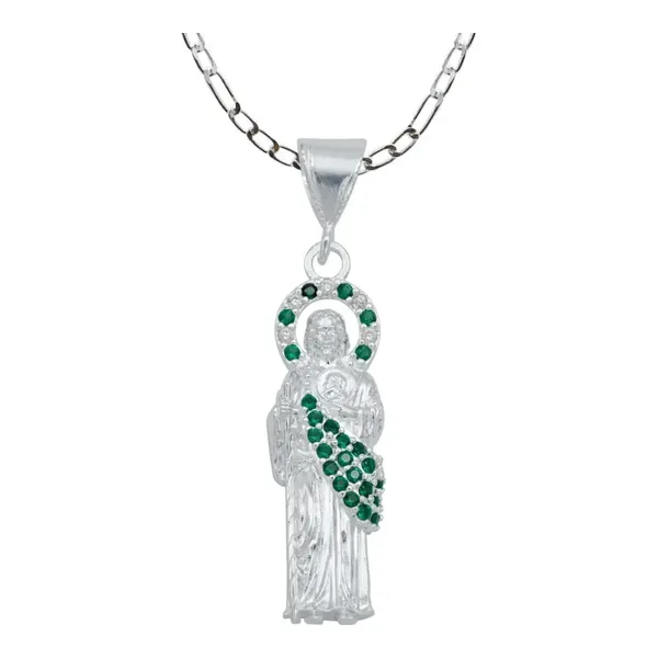 Collar Plata Ley .925 Medalla San Judas Tadeo Zirconia Verde - Imagen 1