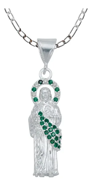Collar Plata Ley .925 Medalla San Judas Tadeo Zirconia Verde - Imagen 1