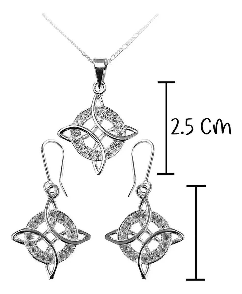 Conjunto Cadena Aretes Plata 925 Nudo Bruja con Zirconias Joyería Artesanal - Imagen 1