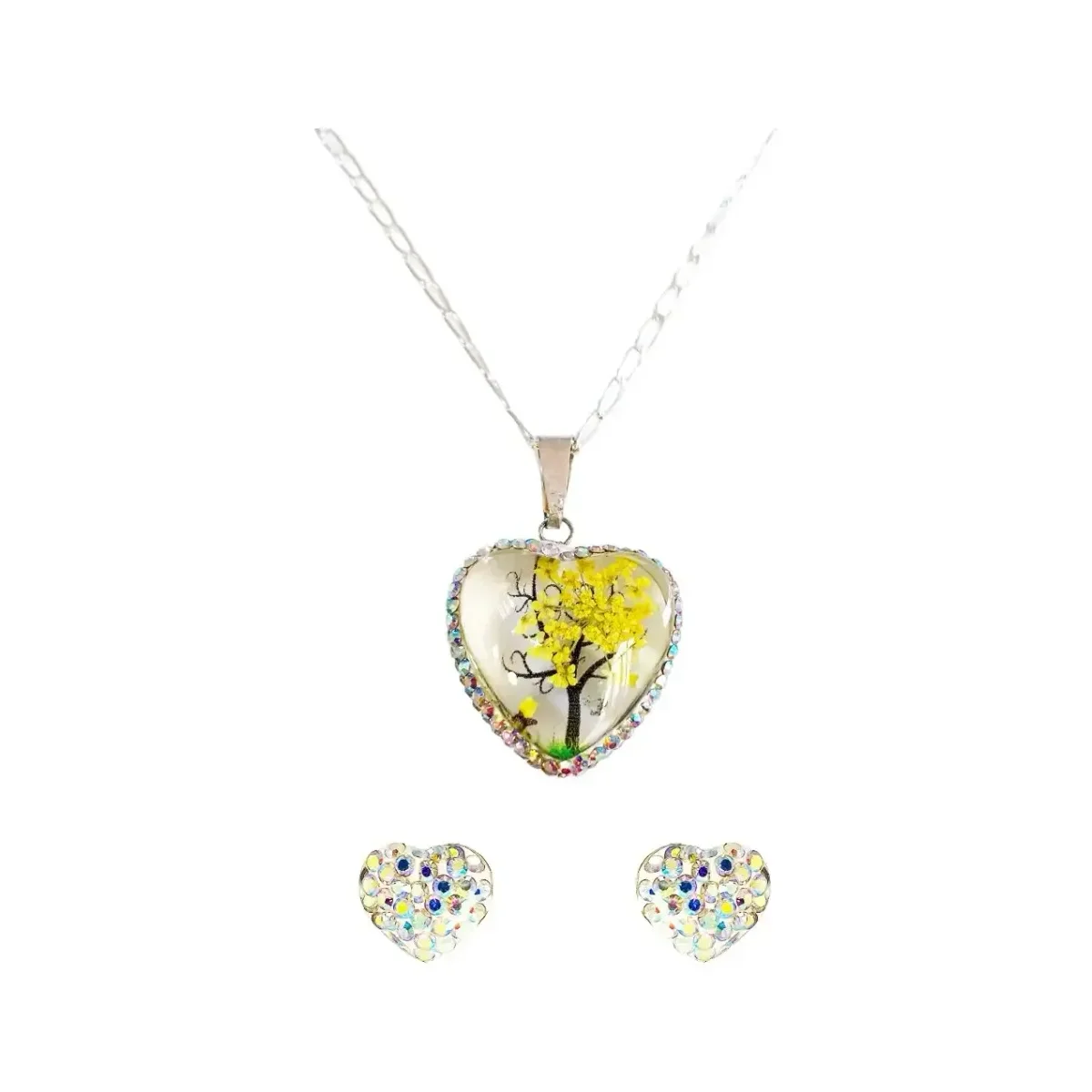 Conjunto Collar Aretes Plata 925 para Mamá, diseño Árbol de la Vida Corazón con Zirconia Amarilla, joyería mexicana, regalo m
