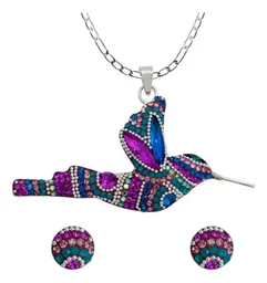 Conjunto Collar Aretes Plata 925 Colibrí con Piedras Multicolor Artesanal - Imagen 1