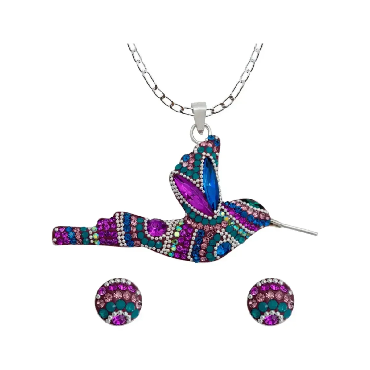 Conjunto Collar y Aretes Plata 925 Colibrí Piedras Multicolor - Joyería Artesanal Mexicana Joyaris