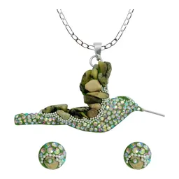 Conjunto Collar Dije Colibrí Plata 925 con Piedrería Verde Artesanal - Imagen 1