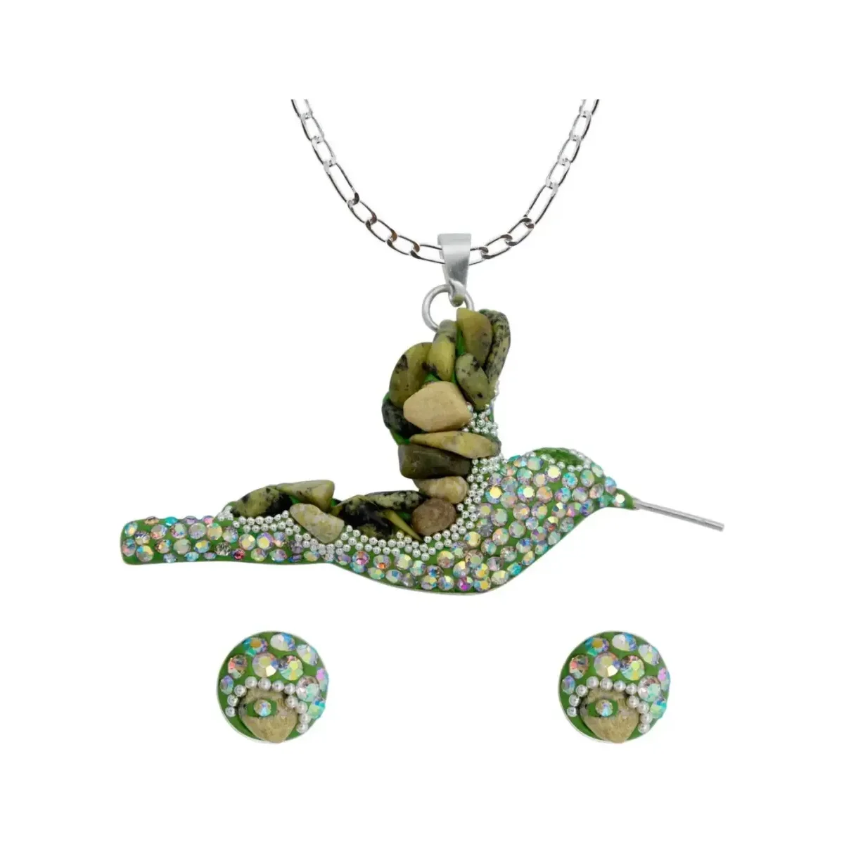 Conjunto Collar Dije Colibrí Plata 925 con Piedrería Verde Artesanal, joyería de plata mexicana ley 925, diseño vibrante, pie