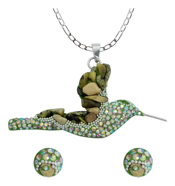 Conjunto Collar Dije Colibrí Plata 925 con Piedrería Verde Artesanal - Imagen 1