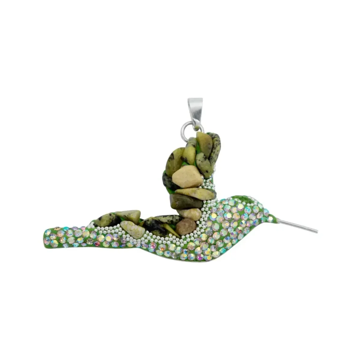 Conjunto Collar Dije Colibrí Plata 925 con Piedrería Verde Artesanal - Imagen 2