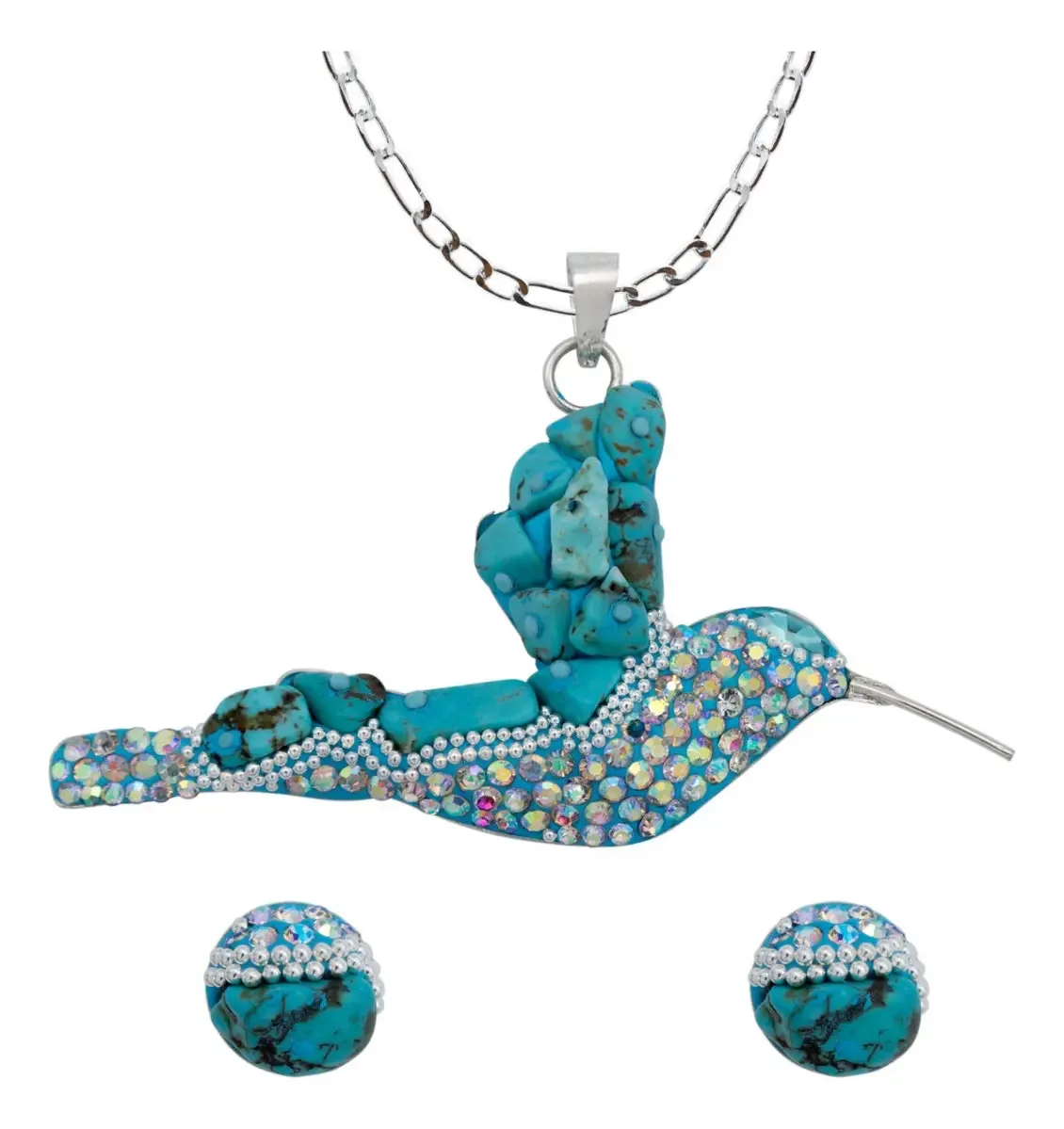 Conjunto collar y aretes de Plata .925 Nacional, diseño vibrante de colibrí con piedrería celeste, joyería de lujo asequible.