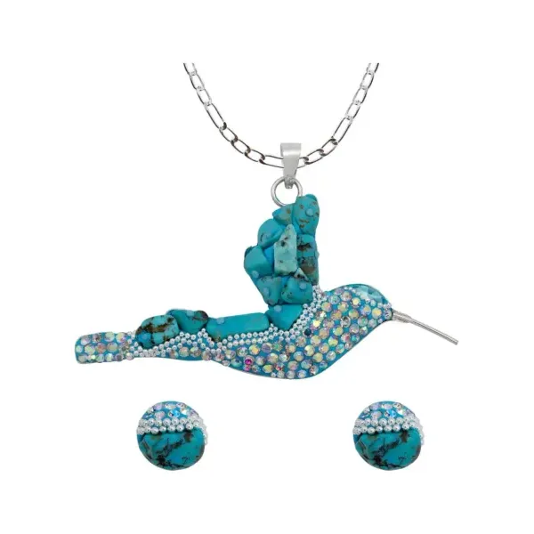 Conjunto Collar y Aretes Plata 925 Colibrí con Piedrería Celeste - Imagen 1
