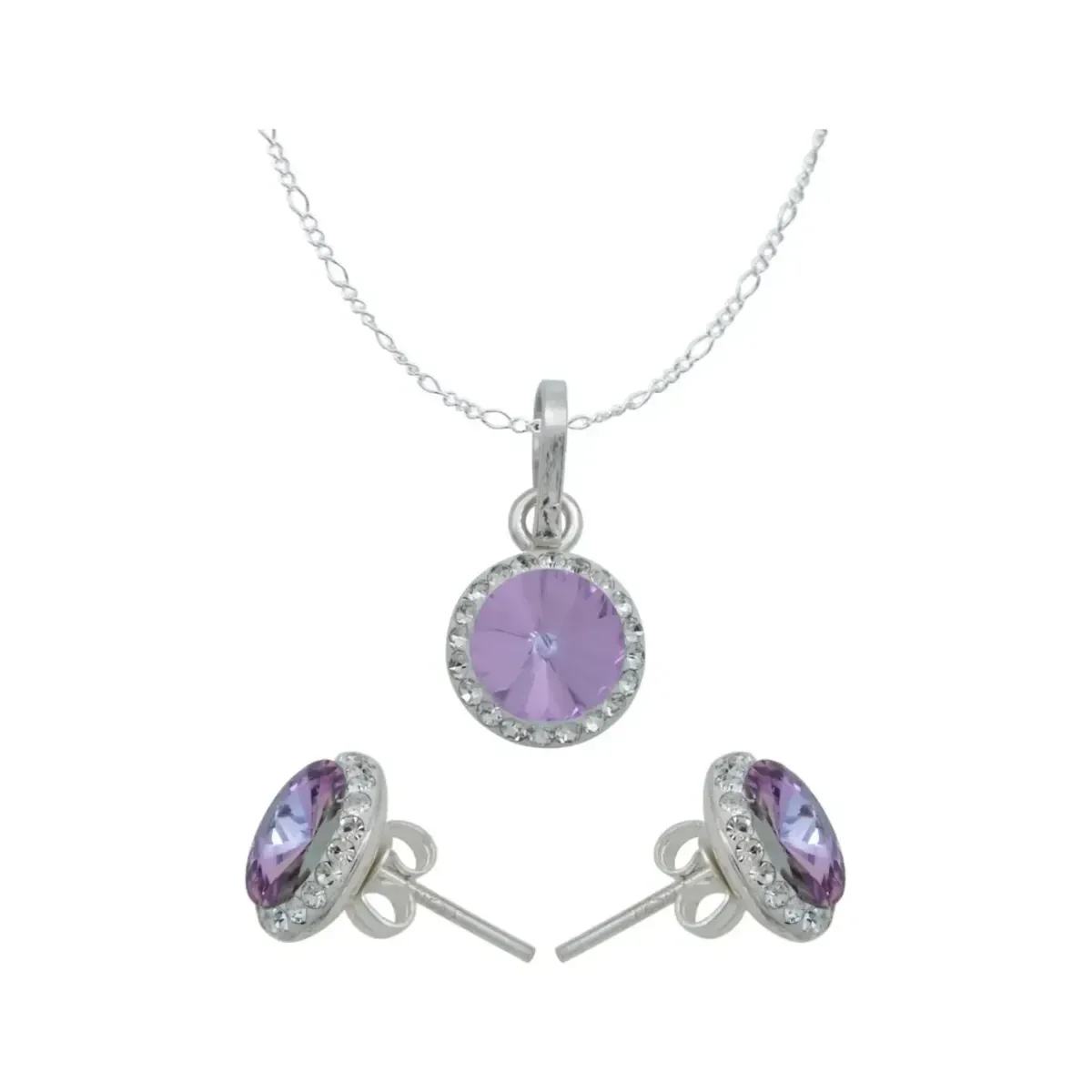 Conjunto collar y aretes Plata 925 con cristal violeta, diseño moderno. Joyería artesanal mexicana con gemas de color.