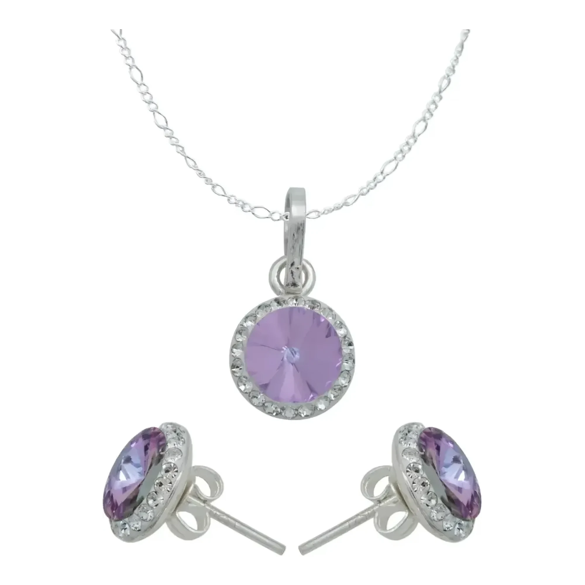 Juego de collar y aretes plata ley 925 para mujer con dije y aretes de cristal morado violeta y acabado zirconia brillante
