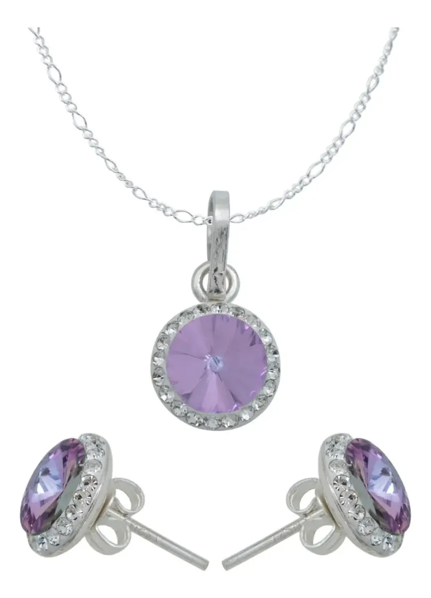 Conjunto collar y aretes plata 925 con cristal violeta, diseño minimalista. Joyería artesanal mexicana con gemas de colores.