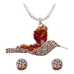 Conjunto Collar y Dije Plata Ley .925 Colibrí con Piedrería Naranja - Imagen 1