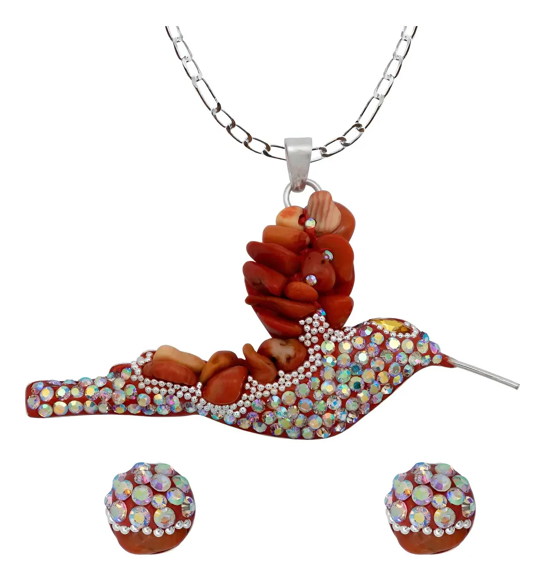 Conjunto Collar y Dije Colibrí Plata Ley .925 con Piedras Naranjas. Joyería artesanal mexicana para mujer, símbolo de alegría