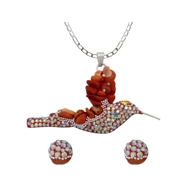 Conjunto Collar y Dije Plata Ley .925 Colibrí con Piedrería Naranja - Imagen 1