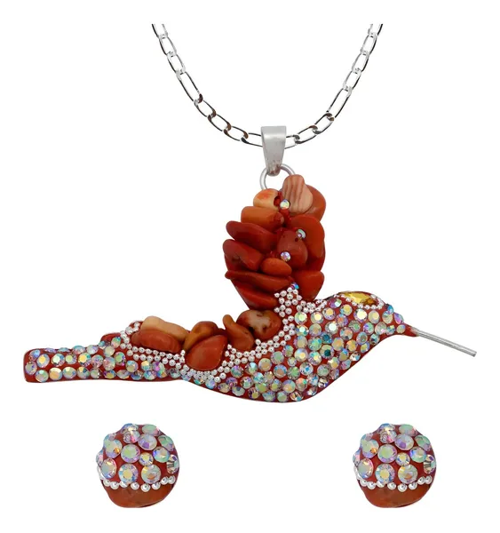 Conjunto Collar y Dije Plata Ley .925 Colibrí con Piedrería Naranja - Imagen 1