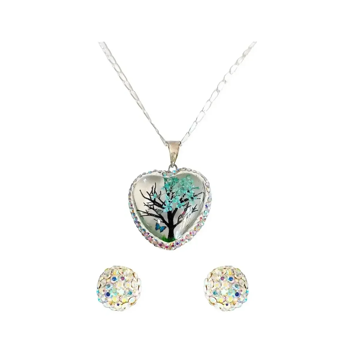 Conjunto Dije Árbol de la Vida Corazón Plata .925 Zirconia Celeste con Cadena - Joyaris