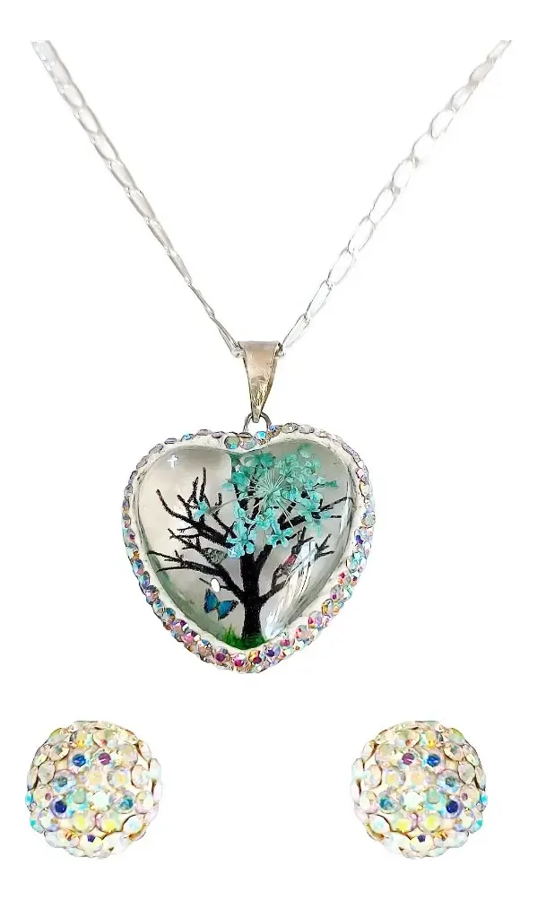 Conjunto Dije Árbol de la Vida Corazón Plata .925 Zirconia Celeste con Cadena - Joyaris